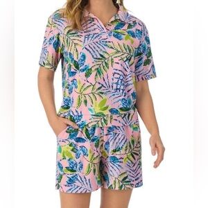 Cuddl Duds Pink and Blue Leaf Print Pajama Set